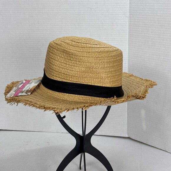 Fashion Hat Woven Sun Hat Fringed Grosgrain Ribbon Band NWT Tan Black 9034 - Picture 8 of 15